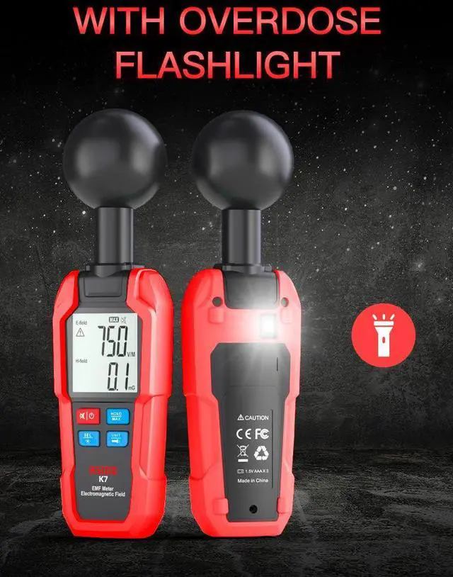 Alt view image 3 of 6 - K7 Handheld Electromagnetic Radiation Detector EMF Meter for Home/Office, Dual Mode (Electric Field & Magnetic Field), Audible Alarm, Data Hold, Backlit LCD