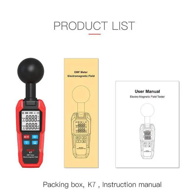 Alt view image 6 of 6 - K7 Handheld Electromagnetic Radiation Detector EMF Meter for Home/Office, Dual Mode (Electric Field & Magnetic Field), Audible Alarm, Data Hold, Backlit LCD