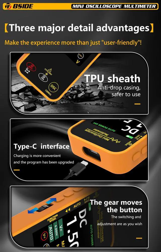 Alt view image 6 of 6 - Handheld Mini Oscilloscope Multimeter OS1 Single Channel 10MHz, Multifunctional Rechargeable Smart Anti-Burn Tester with 3.2" TFT Display