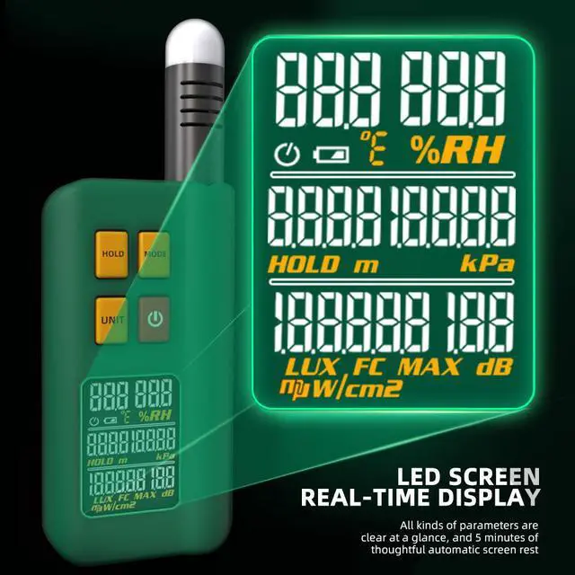 Alt view image 2 of 6 - GX1 Integrated Environment Detector 6-in-1 Temperature, Humidity, Lux Meter, Noise, Altitude & Barometric Pressure Tester, LCD Display, Rechargeable