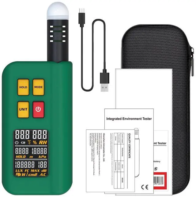 Main image of GX1 Integrated Environment Detector 6-in-1 Temperature, Humidity, Lux Meter, Noise, Altitude & Barometric Pressure Tester, LCD Display, Rechargeable