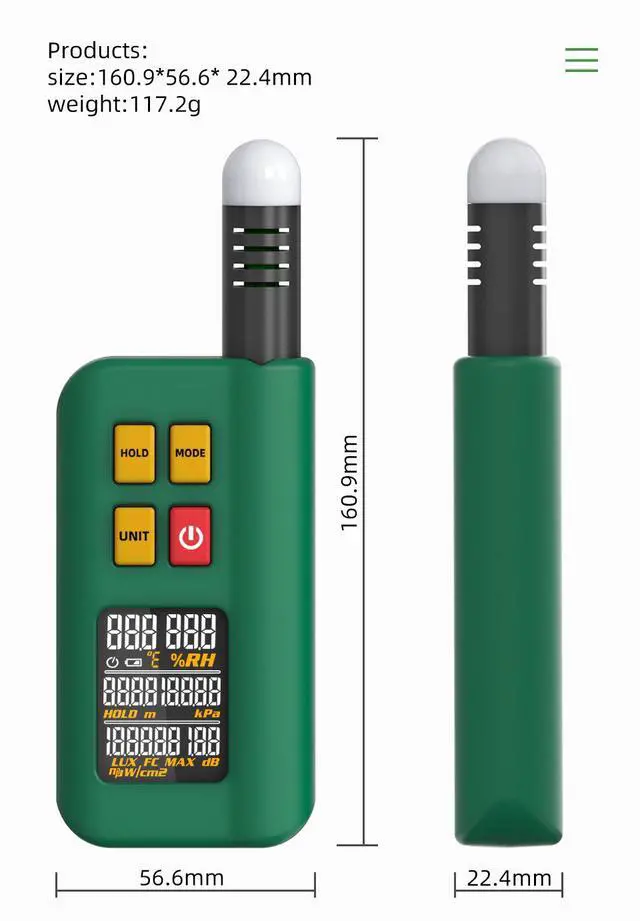 Alt view image 6 of 6 - GX1 Integrated Environment Detector 6-in-1 Temperature, Humidity, Lux Meter, Noise, Altitude & Barometric Pressure Tester, LCD Display, Rechargeable