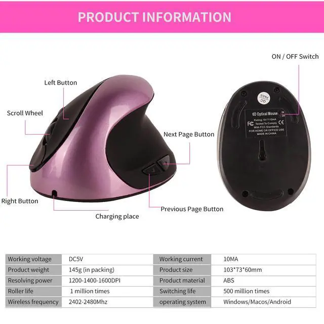 Alt view image 6 of 7 - Vertical Ergonomic Mouse with Rechargeable Battery 2.4GHz Wireless Optical, 6 Buttons, Adjustable DPI, for Desktop/Laptop