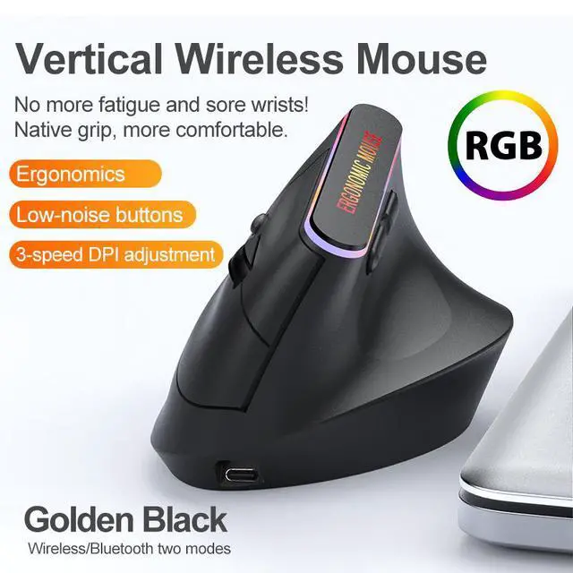 Alt view image 2 of 6 - RGB Rechargeable Vertical Mouse Bluetooth + 2.4G Dual-Mode Wireless, Ergonomic Handshake Grip, 6 Silent Buttons, Adjustable DPI, USB-C Charging