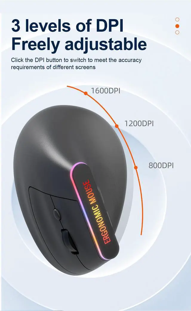 Alt view image 6 of 6 - RGB Rechargeable Vertical Mouse Bluetooth + 2.4G Dual-Mode Wireless, Ergonomic Handshake Grip, 6 Silent Buttons, Adjustable DPI, USB-C Charging