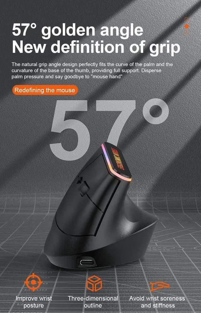 Alt view image 5 of 6 - RGB Rechargeable Vertical Mouse Bluetooth + 2.4G Dual-Mode Wireless, Ergonomic Handshake Grip, 6 Silent Buttons, Adjustable DPI, USB-C Charging
