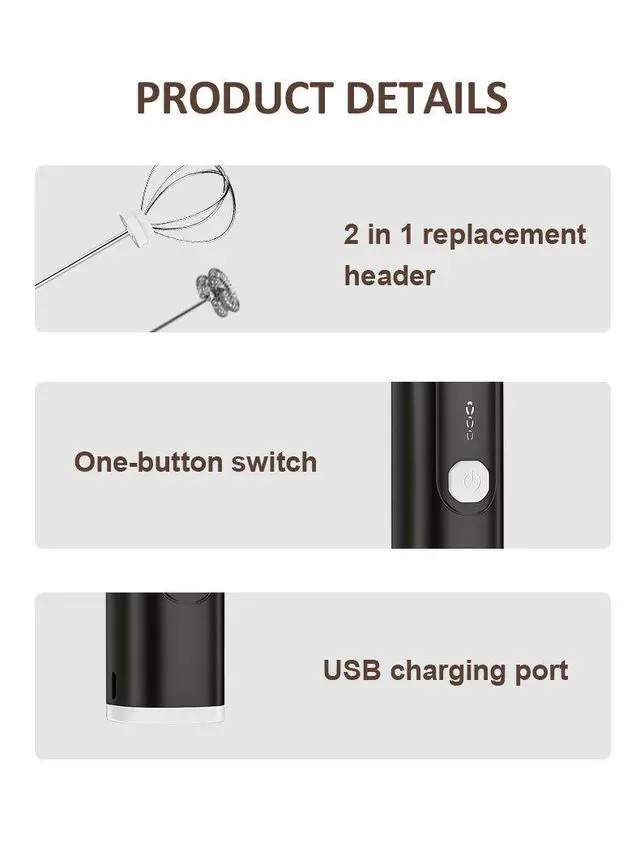 Alt view image 4 of 5 - Rechargeable Handheld Electric Milk Frother Portable Coffee Creamer & Drink Mixer with Stainless Steel Whisk, USB Charging