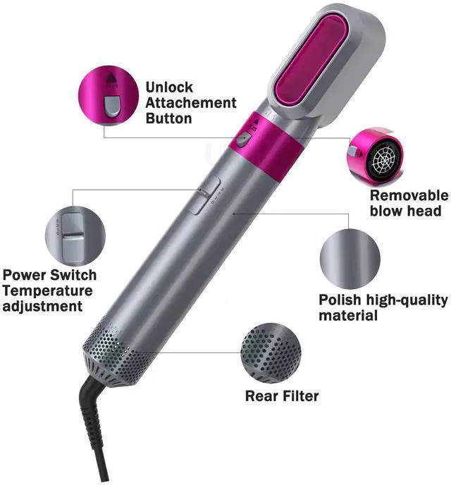 Alt view image 6 of 7 - 5-in-1 Multi-Functional Hot Air Styler High-Power Hair Dryer Brush, Straightening & Curling 2-in-1, Negative Ion Technology, 3 Heat Settings, for Home Use
