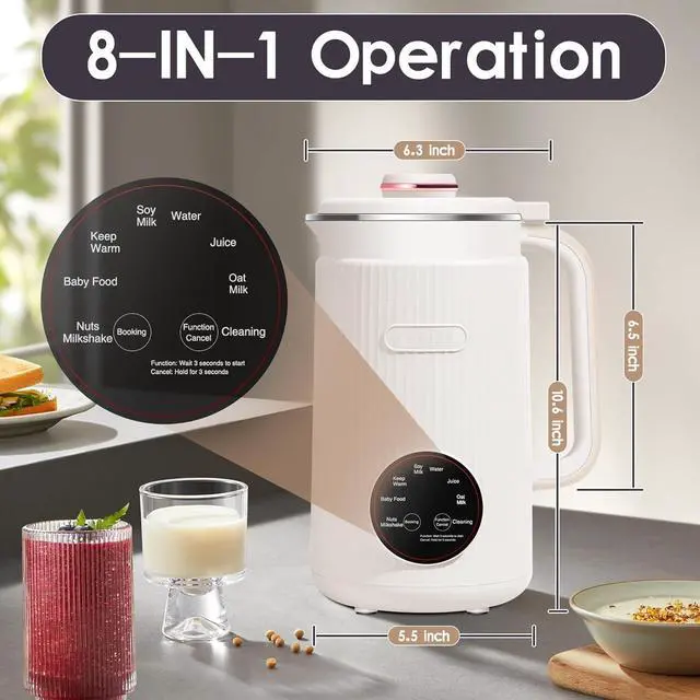 Alt view image 5 of 7 - Mini Soy Milk Maker Machine 6-in-1 Automatic Nut Milk Blender, 304 Stainless Steel, Self-Cleaning, 12-Hour Preset, for Homemade Almond / Oat / Soy Milk and Plant-Based Beverages