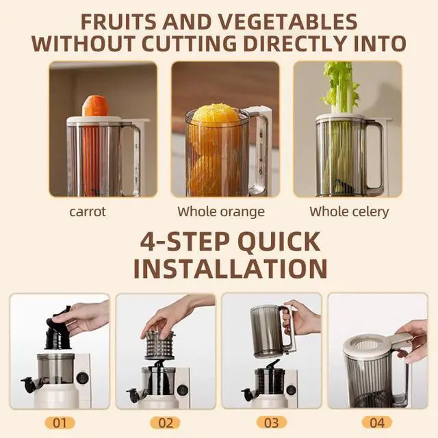 Alt view image 7 of 7 - Juicer Machine with Pulp & Juice Separation Automatic Whole Fruit Press, Slow Masticating Juicer with Large Feeding Chute, Easy to Clean,Cold Press Technology, Household Full-Auto Citrus Extractor