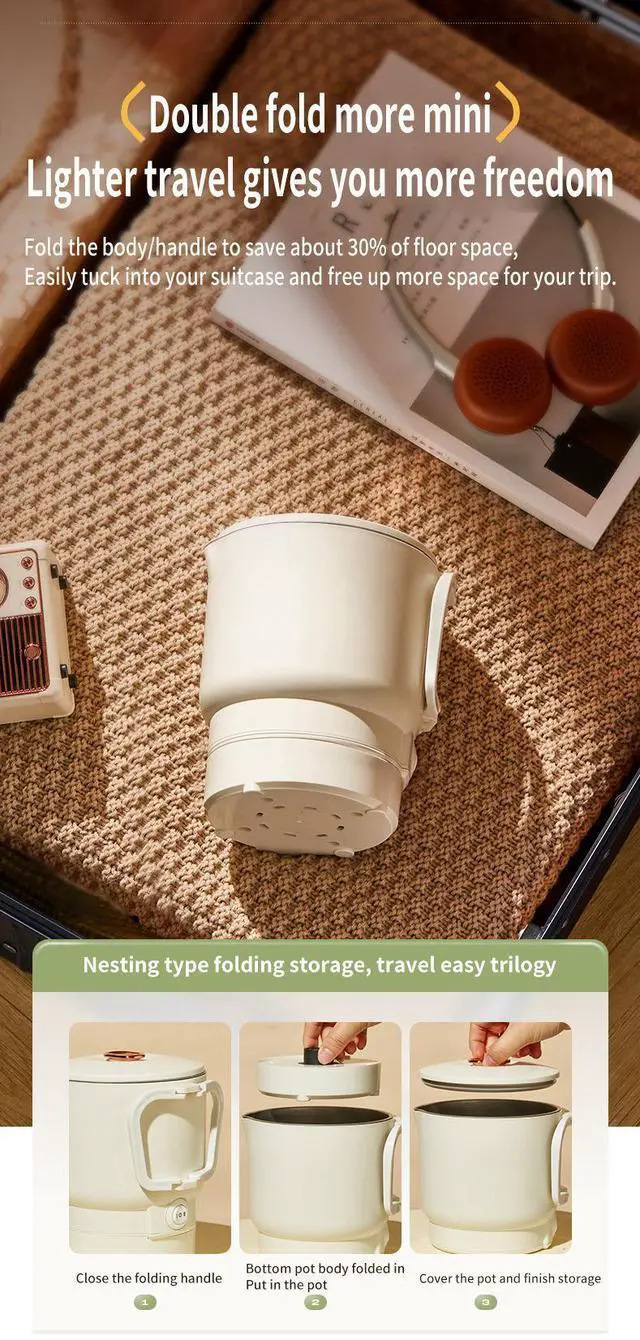 Alt view image 6 of 6 - Collapsible Travel Kettle Portable Electric Hot Water Boiler, Insulated, Stainless Steel, Mini 1-Cup Capacity, Foldable Handle for Travel