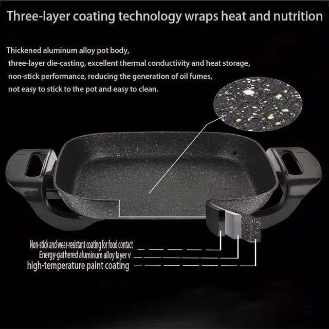 Alt view image 4 of 4 - Square Electric Hot Pot & Skillet Combo 6L Large Capacity, Adjustable Temperature, Non-Stick Coating, Multi-Cooker for Home, Dorm & Outdoor Use