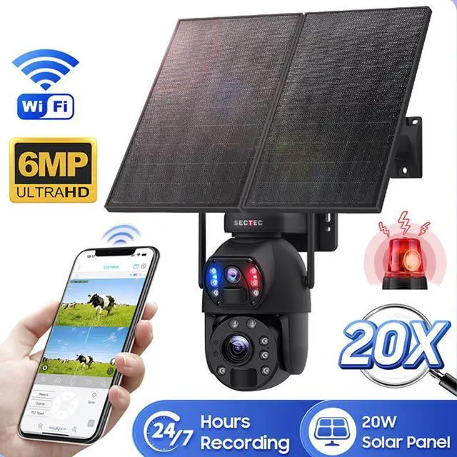 Main image of Solar-Powered 6MP Dual-Lens PTZ Security Camera 20X Optical Zoom, Remote Monitoring, Weatherproof Outdoor Surveillance