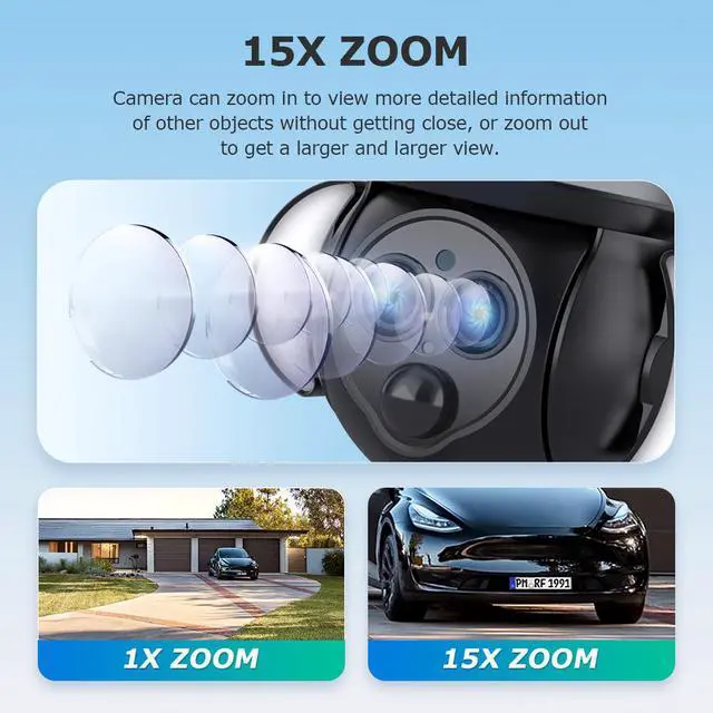 Alt view image 2 of 7 - 15X Zoom Solar Security Camera, 3-Lens Outdoor PTZ, 4G/WiFi Wireless, IR Night Vision, Motion Tracking, PIR Alert, IP66 Weatherproof