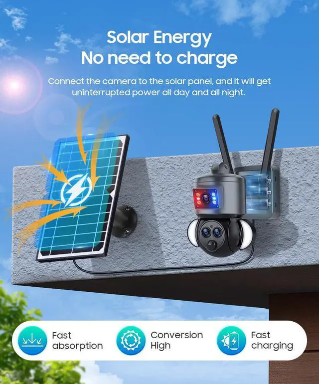 Alt view image 5 of 7 - 15X Zoom Solar Security Camera, 3-Lens Outdoor PTZ, 4G/WiFi Wireless, IR Night Vision, Motion Tracking, PIR Alert, IP66 Weatherproof