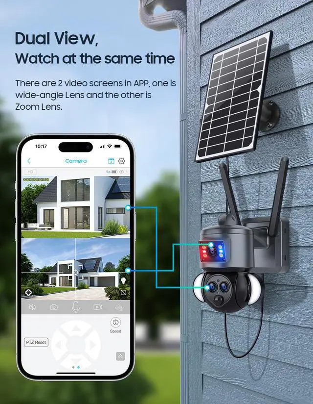 Alt view image 6 of 7 - 15X Zoom Solar Security Camera, 3-Lens Outdoor PTZ, 4G/WiFi Wireless, IR Night Vision, Motion Tracking, PIR Alert, IP66 Weatherproof