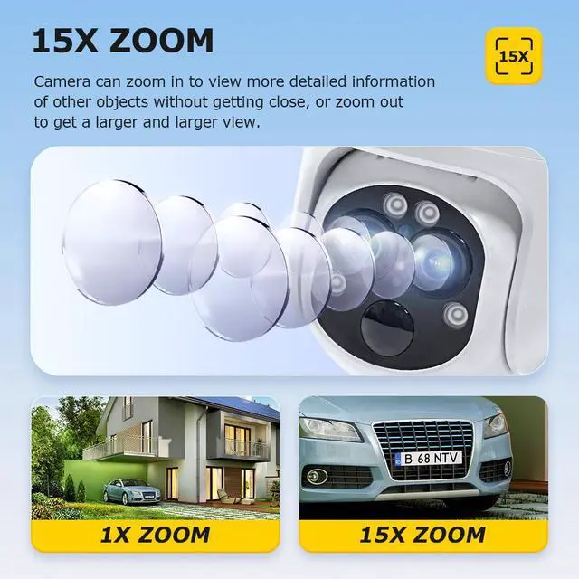 Alt view image 2 of 7 - 15X Zoom Solar Security Camera, 6MP Wireless Outdoor PTZ, 355° Pan 90° Tilt, Color Night Vision, PIR Human Detection, 4G/WiFi Dual Connectivity, IP66 Weatherproof