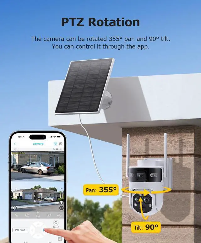 Alt view image 6 of 7 - 15X Zoom Solar Security Camera, 6MP Wireless Outdoor PTZ, 355° Pan 90° Tilt, Color Night Vision, PIR Human Detection, 4G/WiFi Dual Connectivity, IP66 Weatherproof