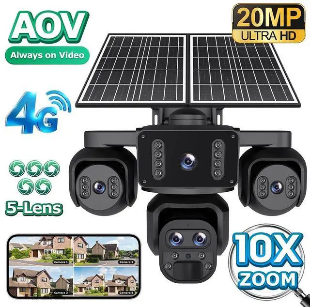 Main image of AOV Solar Security Camera 4G Wireless PTZ with 4-Screen View, Full-Color Night Vision & PIR Motion Detection