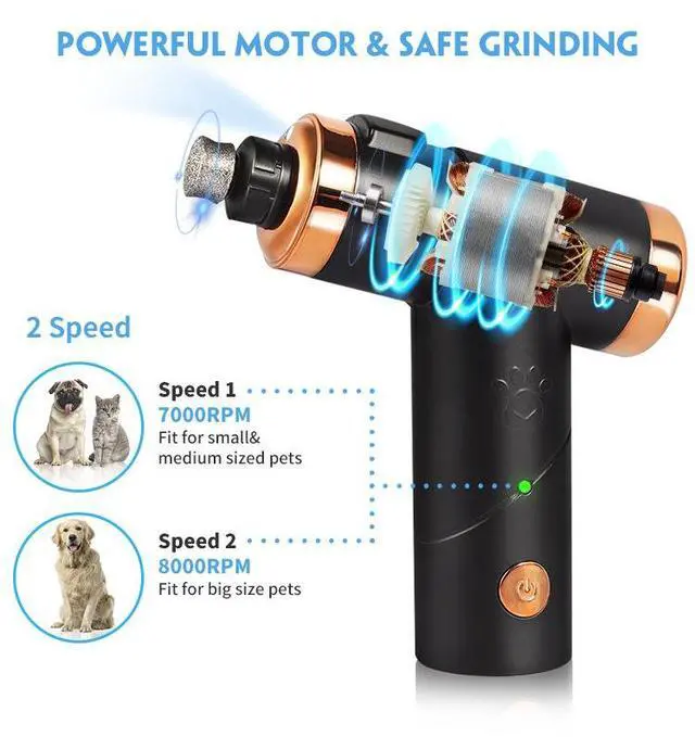 Alt view image 5 of 7 - Rechargeable Pet Nail Grinder Quiet Electric Dog/Cat Nail Trimmer & Clipper Set, Safety Guard, LED Light, USB Charging, 2-Speed Adjustable