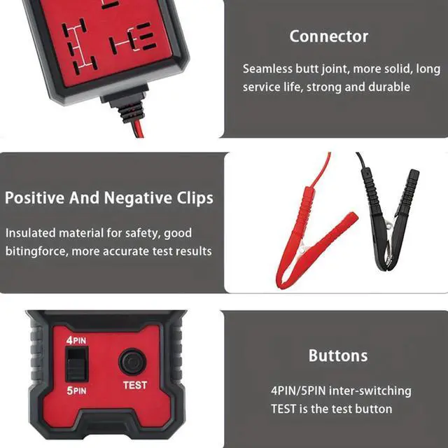 Alt view image 4 of 6 - 12V Relay Tester for 4 & 5 Pin Auto Relays Compact Diagnostic Tool with Battery Clips, Easy-to-Use Car Relay Analyzer for Electrical System Testing