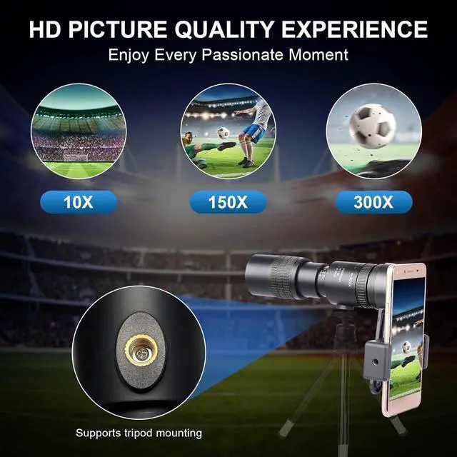 Alt view image 2 of 5 - Portable 10-300X40 Zoom Monocular Telescope Continuous Zoom High-Power HD, Phone Adapter for Outdoor Low-Light Night Vision Travel