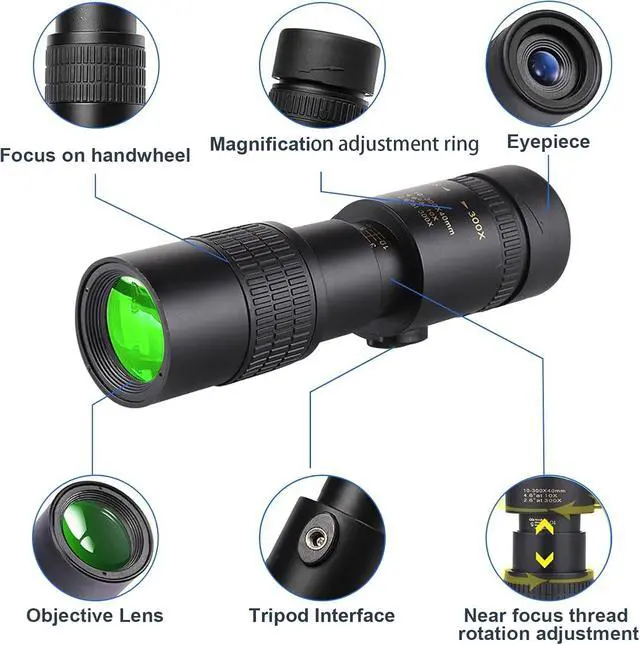 Alt view image 4 of 5 - Portable 10-300X40 Zoom Monocular Telescope Continuous Zoom High-Power HD, Phone Adapter for Outdoor Low-Light Night Vision Travel