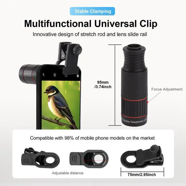 Alt view image 3 of 7 - 32x Telephoto Phone Telescope Zoom Lens HD Concert Viewing & Shooting Gear, Portable High-Power with Phone Adapter for Outdoor Birdwatching Travel