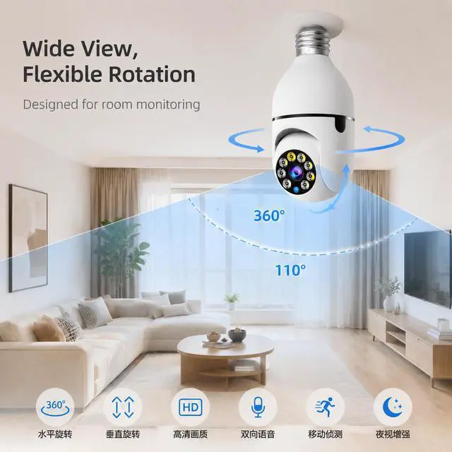 Alt view image 2 of 7 - E27 Light Bulb Security Camera 1080P HD, 360° Panoramic, WiFi Remote Monitoring, Night Vision, Two-Way Audio