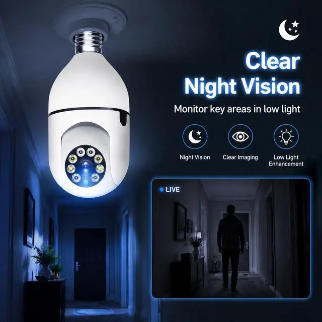 Alt view image 3 of 7 - E27 Light Bulb Security Camera 1080P HD, 360° Panoramic, WiFi Remote Monitoring, Night Vision, Two-Way Audio