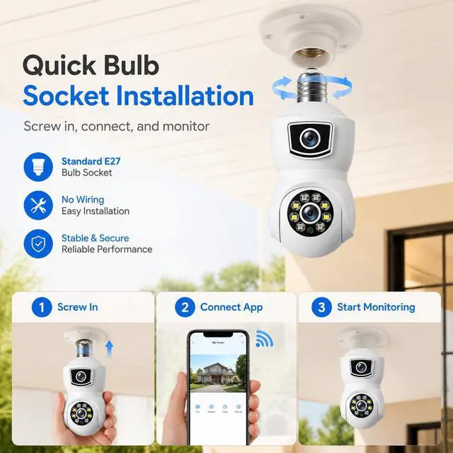 Alt view image 3 of 6 - Light Bulb Security Camera V380 Dual-Lens Full-Color WiFi Wireless HD Panoramic Dual-Lens Home Surveillance