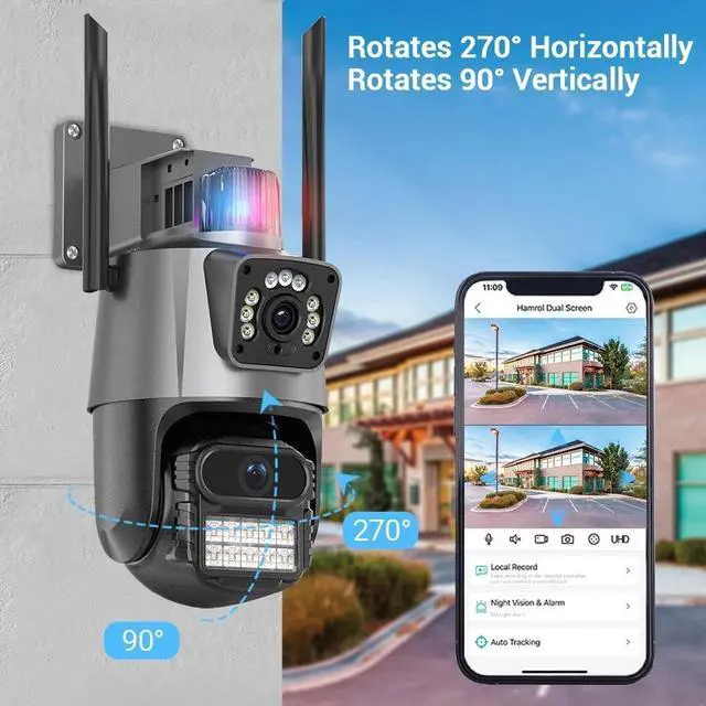 Alt view image 4 of 7 - P11 Dual-Lens PTZ & Fixed Security Camera 4MP Wireless WiFi Outdoor, Remote Viewing, Full-Color Night Vision, Two-Way Audio, US Plug