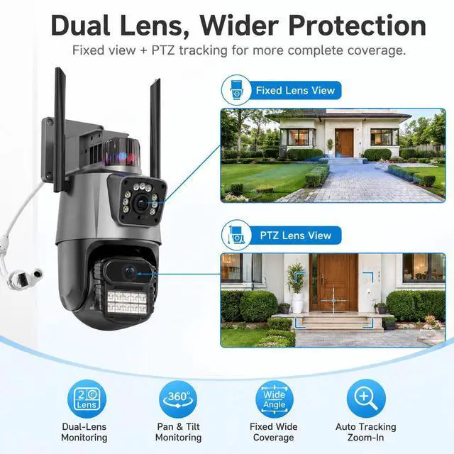 Alt view image 6 of 7 - P11 Dual-Lens PTZ & Fixed Security Camera 4MP Wireless WiFi Outdoor, Remote Viewing, Full-Color Night Vision, Two-Way Audio, US Plug