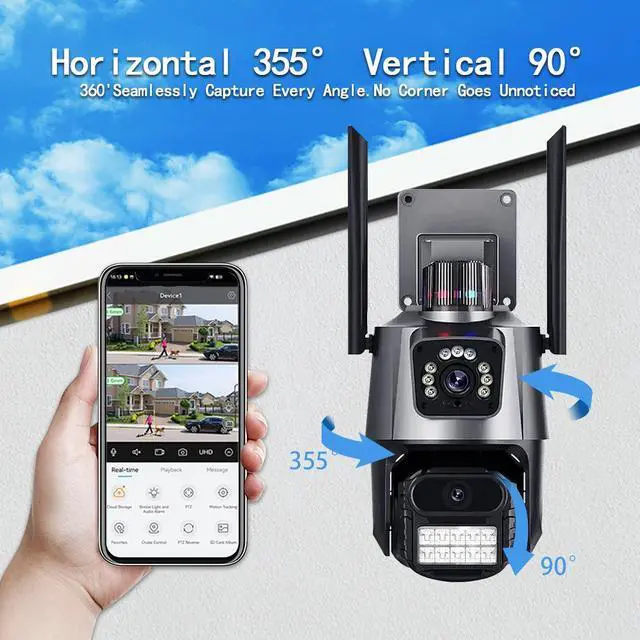 Alt view image 2 of 7 - P11 Dual-Lens PTZ & Fixed Security Camera 4MP Wireless WiFi Outdoor, Remote Viewing, Full-Color Night Vision, Two-Way Audio, US Plug