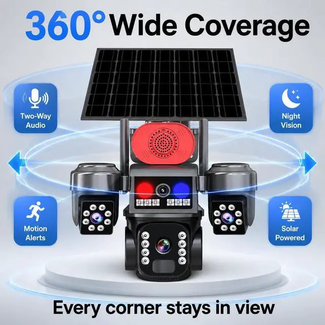 Alt view image 2 of 7 - V380 Pro Solar 3-Lens Security Camera Outdoor 6MP Triple-Screen 4G, Full-Color Night Vision, Red & Blue Light Alarm, Low-Power PTZ, IP66