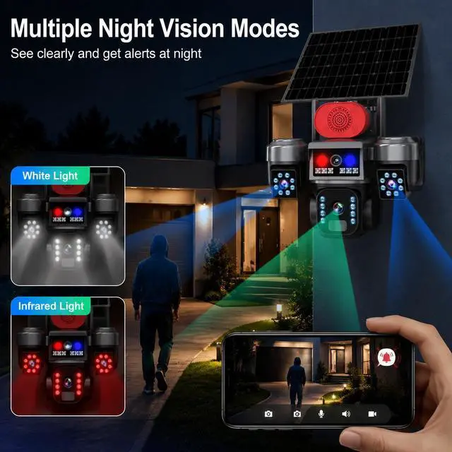 Alt view image 4 of 7 - V380 Pro Solar 3-Lens Security Camera Outdoor 6MP Triple-Screen 4G, Full-Color Night Vision, Red & Blue Light Alarm, Low-Power PTZ, IP66