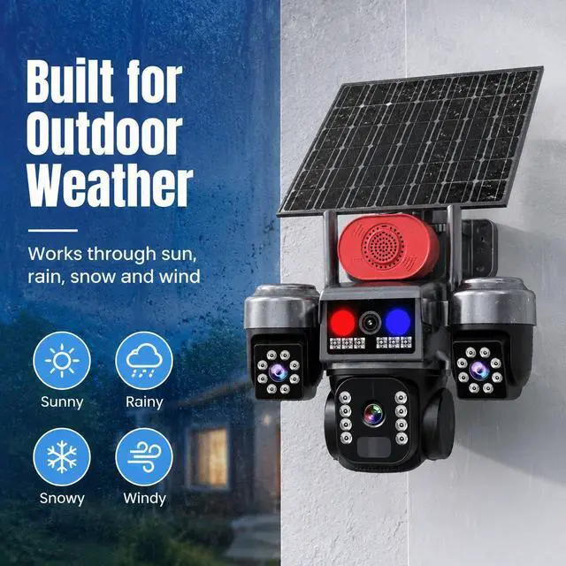 Alt view image 6 of 7 - V380 Pro Solar 3-Lens Security Camera Outdoor 6MP Triple-Screen 4G, Full-Color Night Vision, Red & Blue Light Alarm, Low-Power PTZ, IP66