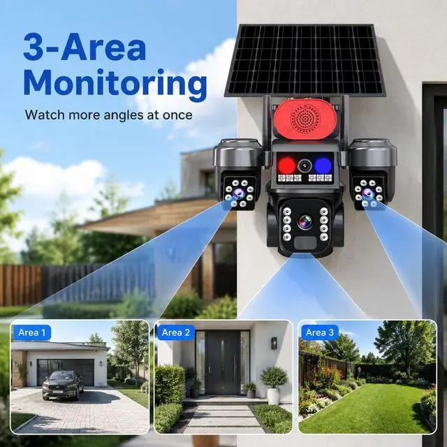 Alt view image 5 of 7 - V380 Pro Solar 3-Lens Security Camera Outdoor 6MP Triple-Screen 4G, Full-Color Night Vision, Red & Blue Light Alarm, Low-Power PTZ, IP66