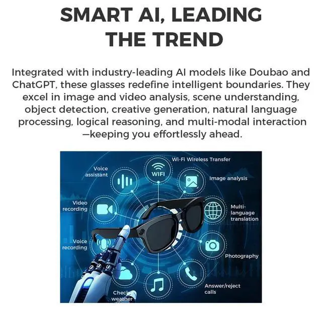 Alt view image 5 of 6 - M01 Smart Video Glasses 1080P HD Camera, AI Object Recognition, Real-Time Translation, 5MP Video Recording, Smart Glasses for Travel & Learning - Sunglass lenses