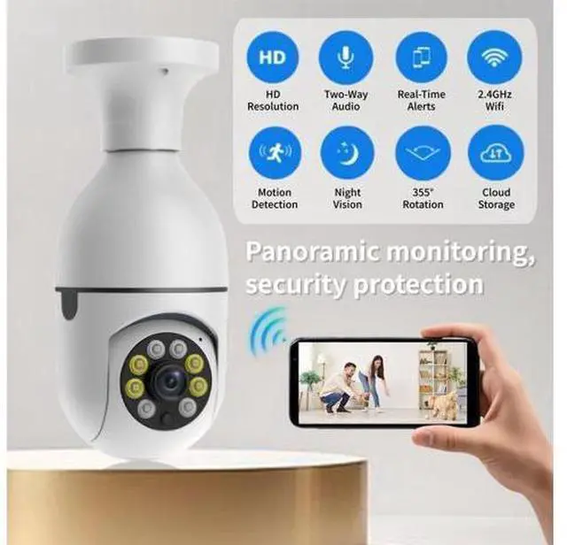Alt view image 4 of 7 - Panoramic Light Bulb Security Camera Wireless WiFi, Pan/Tilt, Full-Color Night Vision, Two-Way Audio, Motion Detection, Indoor/Outdoor - white