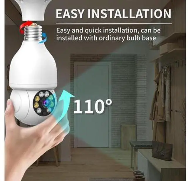 Alt view image 5 of 7 - Panoramic Light Bulb Security Camera Wireless WiFi, Pan/Tilt, Full-Color Night Vision, Two-Way Audio, Motion Detection, Indoor/Outdoor - white