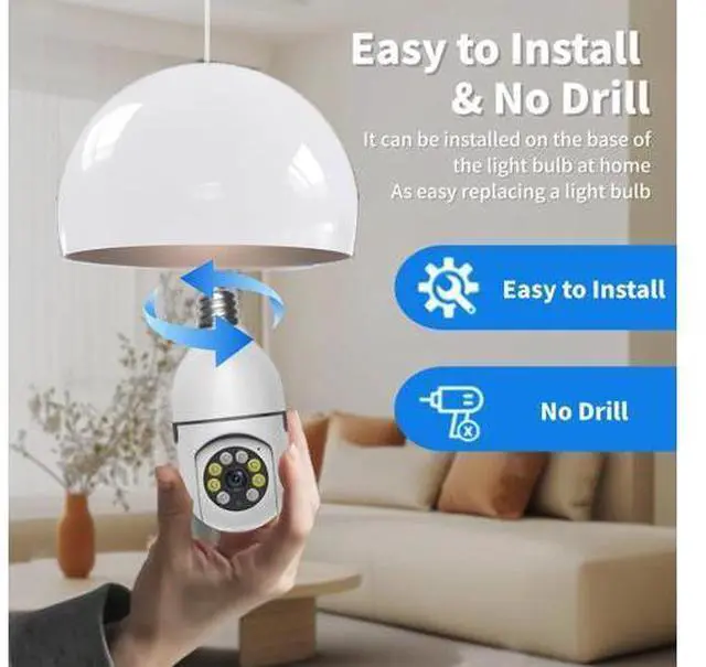 Alt view image 2 of 7 - Panoramic Light Bulb Security Camera Wireless WiFi, Pan/Tilt, Full-Color Night Vision, Two-Way Audio, Motion Detection, Indoor/Outdoor - white