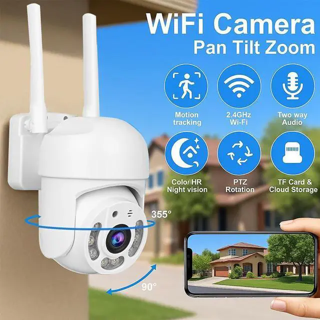 Alt view image 2 of 7 - High-Definition WiFi PTZ Security Camera Remote Control, Night Vision, Indoor/Outdoor Surveillance, Two-Way Audio, Motion Detection, App View - white