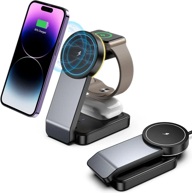 Main image of Magnetic 3-in-1 Wireless Charger Aluminum Alloy 15W Fast Charging, Foldable Phone Stand Charging Dock - W79 black