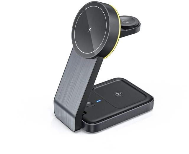 Alt view image 5 of 6 - Magnetic 3-in-1 Wireless Charger Aluminum Alloy 15W Fast Charging, Foldable Phone Stand Charging Dock - W79 black