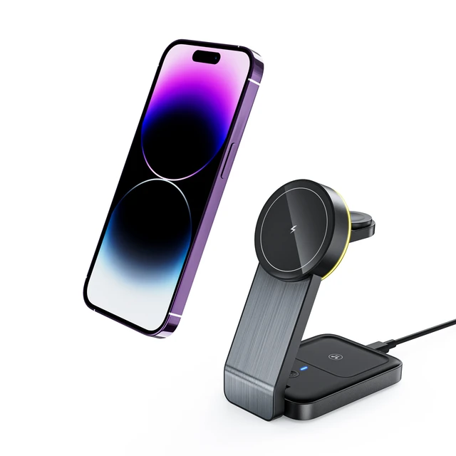 Alt view image 3 of 6 - Magnetic 3-in-1 Wireless Charger Aluminum Alloy 15W Fast Charging, Foldable Phone Stand Charging Dock - W79 black
