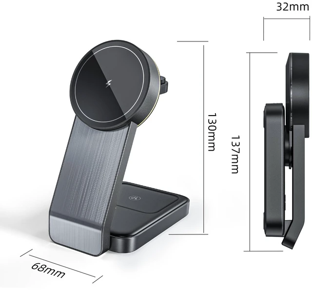 Alt view image 6 of 6 - Magnetic 3-in-1 Wireless Charger Aluminum Alloy 15W Fast Charging, Foldable Phone Stand Charging Dock - W79 black