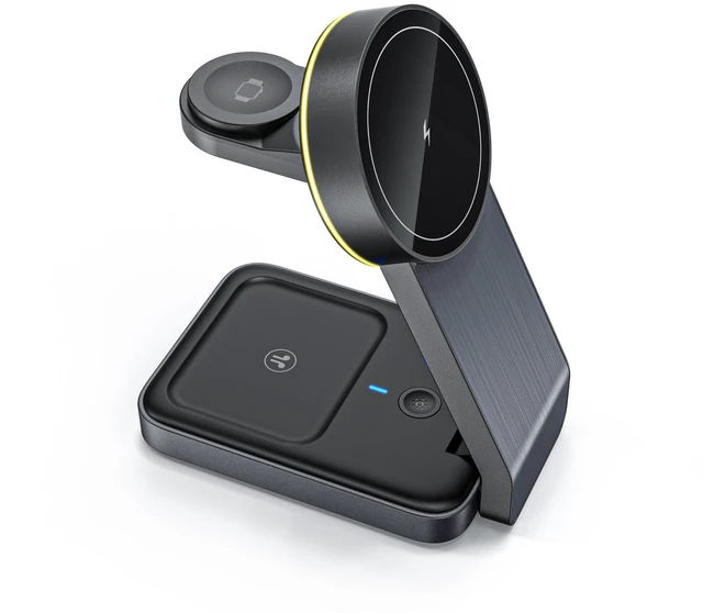 Alt view image 2 of 6 - Magnetic 3-in-1 Wireless Charger Aluminum Alloy 15W Fast Charging, Foldable Phone Stand Charging Dock - W79 black