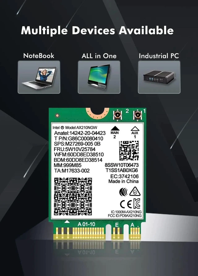 Alt view image 2 of 7 - WiFi 6E Wireless Card Intel AX210 NGW Bluetooth 5.3 Tri-Band 5400Mbps Network Adapter for Laptop Support Windows 10/11 (64bit) M.2/NGFF