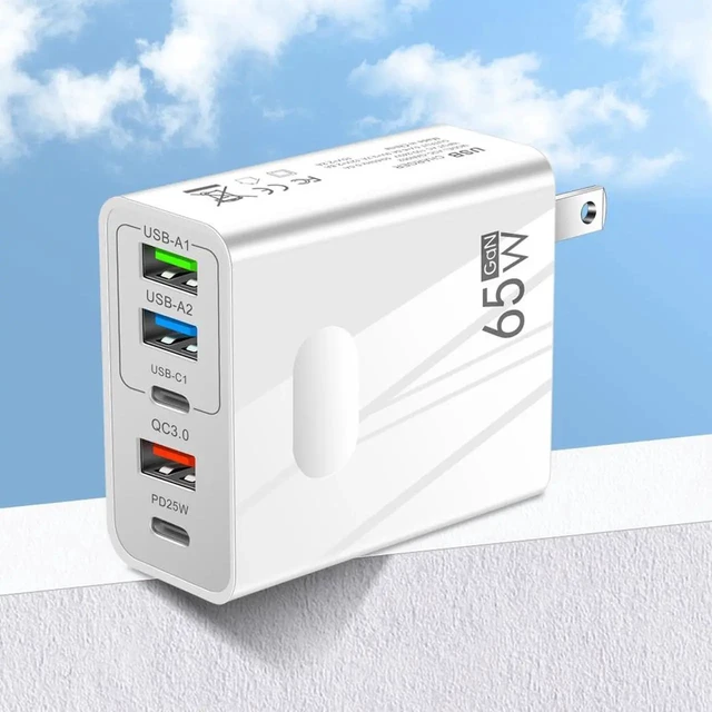 Alt view image 2 of 7 - USB C Charger 65W PD 3.0 GaN Charger Type C Adapter with 5-Port Fast Wall Charger Compatible for iPhone 14 Pro Max/14 Plus/13, MacBook Pro, iPad Pro, Switch, Galaxy S22/S21- white